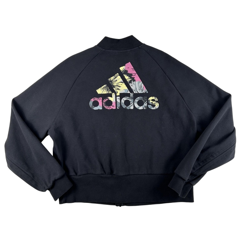 Adidas Track Jacket Womens Large Black Full Zip Floral Back Logo Sweatshirt